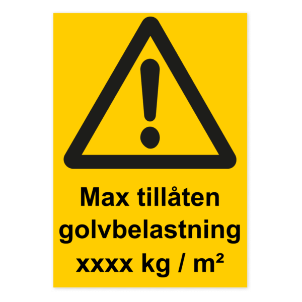 Skylten - Varning, max tillåten golvbelastning. Vår 0,7 mm aluminiumskylt är den perfekta lösningen för att kommunicera din budskap på ett stilfullt och professionellt sätt. Denna skylt är speciellt utformad för montering på jämna ytor och är tillverkad med hög precision och noggrannhet.