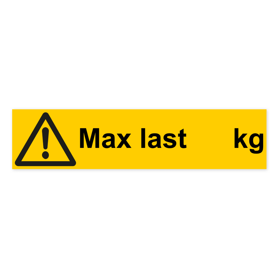 Skylten - Varning, max last (kg). Varning, max last (kg) indikerar den maximala lastkapaciteten i kilogram och bör placeras där tung utrustning hanteras. Använd som aluminiumskylt.