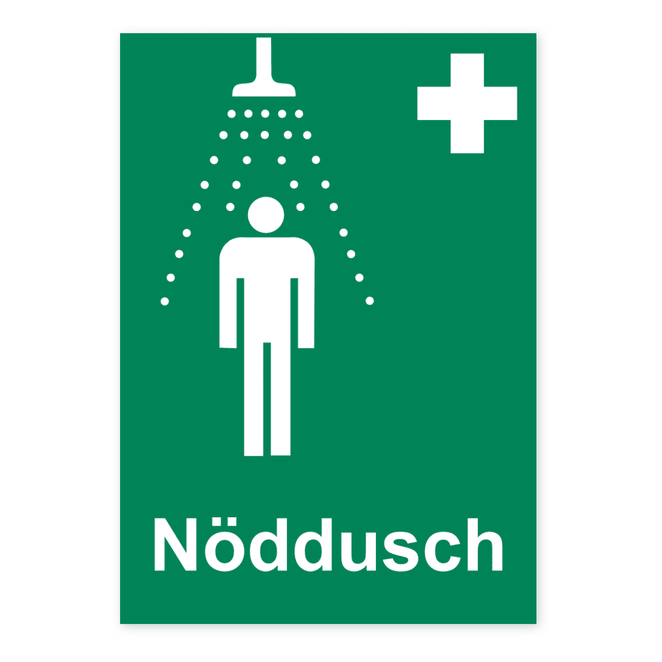 Skylten - Nöddusch. Nöddusch skyltas med en självhäftande dekal mätande 148x210 mm. Denna skylt är särskilt utformad för att snabbt vägleda dig till den närmsta nödduschen.