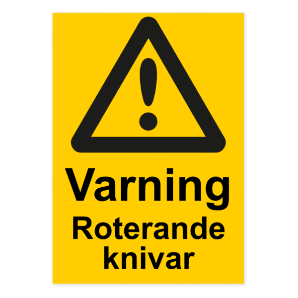 Skylten - Varning för roterande knivar. Vår 0,7 mm aluminiumskylt är den perfekta lösningen för att kommunicera din budskap på ett stilfullt och professionellt sätt. Denna skylt är speciellt utformad för montering på jämna ytor och är tillverkad med hög precision och noggrannhet.