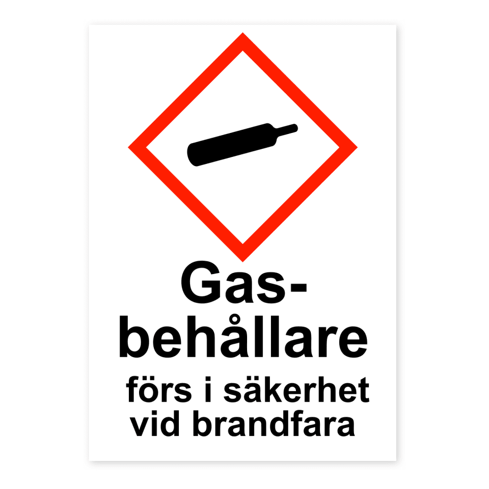 Skylten - Gasbehållare förs i säkerhet vid brandfara. Gasbehållare förs i säkerhet vid brandfara anger att gasbehållare i det markerade området bör föras i säkerhet om det är risk för brand. Använd som en självhäftande dekal.