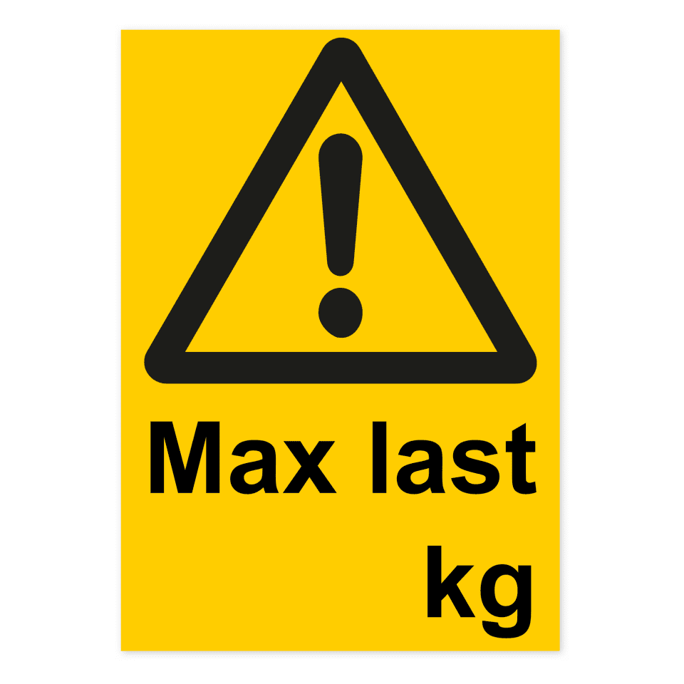 Skylten - Varning, max last (kg). Varning, max last (kg) i 0,7 mm tjock aluminium. Idealisk för arbetsplatser med strikta lastbegränsningar.