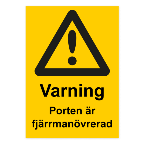 Skylten - Varning för porten är fjärrmanövrerad. Vår 0,7 mm aluminiumskylt är den perfekta lösningen för att kommunicera din budskap på ett stilfullt och professionellt sätt. Denna skylt är speciellt utformad för montering på jämna ytor och är tillverkad med hög precision och noggrannhet.