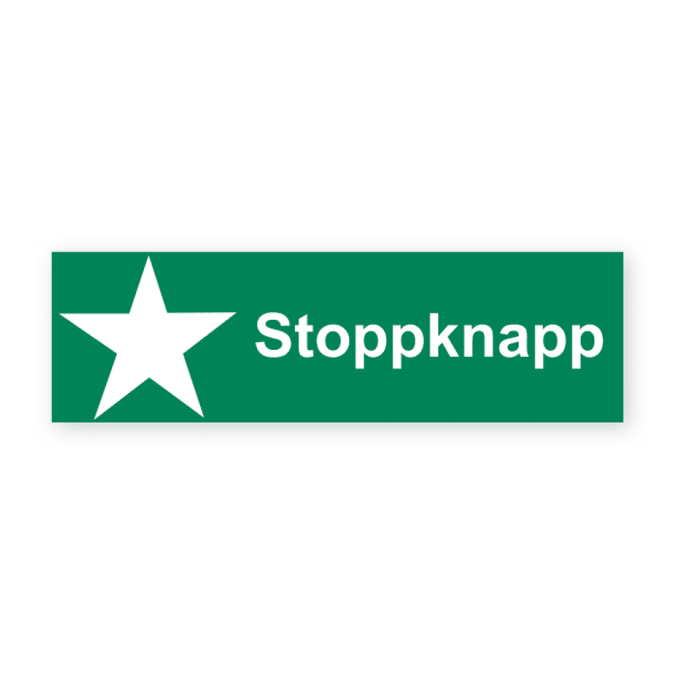 Skylten - Stoppknapp. Stoppknapp indikeras med en 100x30 mm självhäftande dekal, designad för att klart markera var stoppknappen finns i en kompakt och effektiv form.
