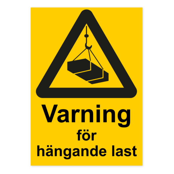 Skylten - Varning för hängande last. Varning för hängande last, applicerbar som en självhäftande dekal. Optimerad för arbetsmiljöer där maskiner och last hanteras.
