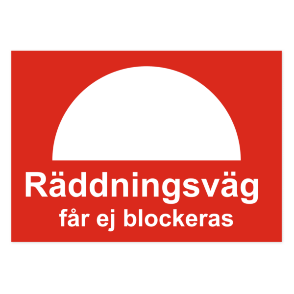 Skylten - Räddningsväg får ej blockeras. Identifiera att "Räddningsväg får ej blockeras" med vår 0,7 mm aluminiumskylt i storlek 420x297 mm. För användning i arbetsmiljöer där klart och omedelbart budskap är nödvändigt för säkerheten.