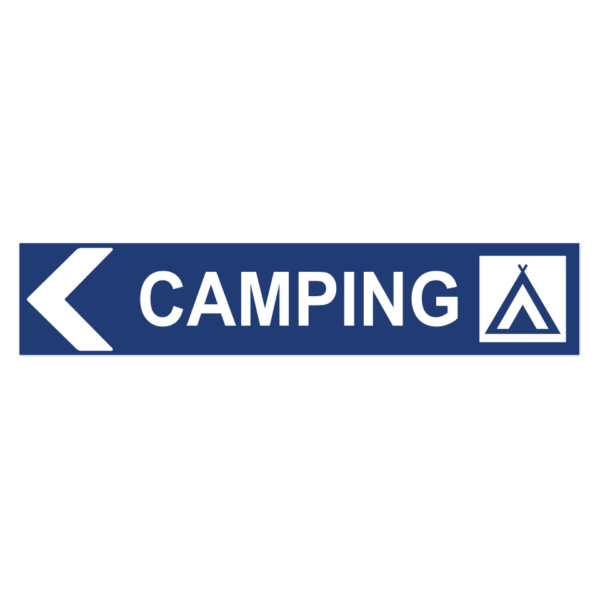 Skylten - Camping pil vänster. Skylt för camping med vänsterpil, hjälper besökare att hitta rätt campingområde. Tillgänglig i olika material av aluminium för vägg- eller stolpmontage.