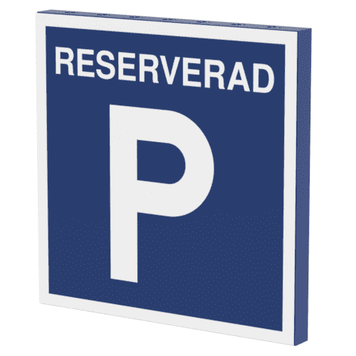 Skylten - Reserverad parkering. Skylt för reserverad parkering, hjälper att tydligt markera parkeringsplatser som är reserverade. Finns i olika material av aluminium för vägg- eller stolpmontage.