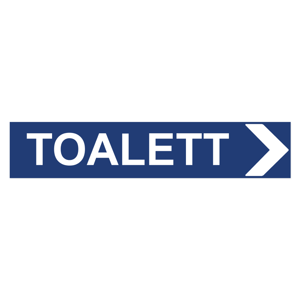 Skylten - Toalett pil höger. Skylt för toalett med högerpil, hjälper besökare att hitta rätt toalett. Tillgänglig i olika material av aluminium för vägg- eller stolpmontage.