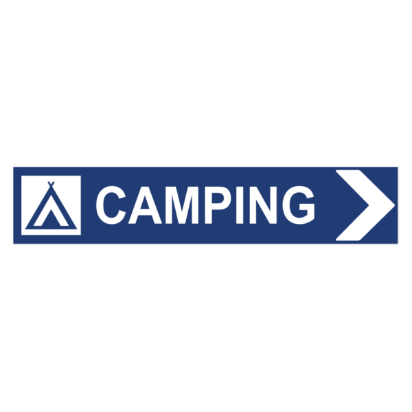 Skylten - Camping pil höger. Skylt för camping med högerpil, hjälper besökare att hitta rätt campingområde. Tillgänglig i olika material av aluminium för vägg- eller stolpmontage.