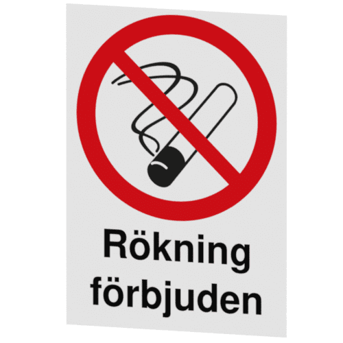 Skylten - Rökning förbjuden, (med text). Rökning förbjuden skylt finns i både aluminium och som dekal i flera storlekar. För att passa era specifika ändamål.