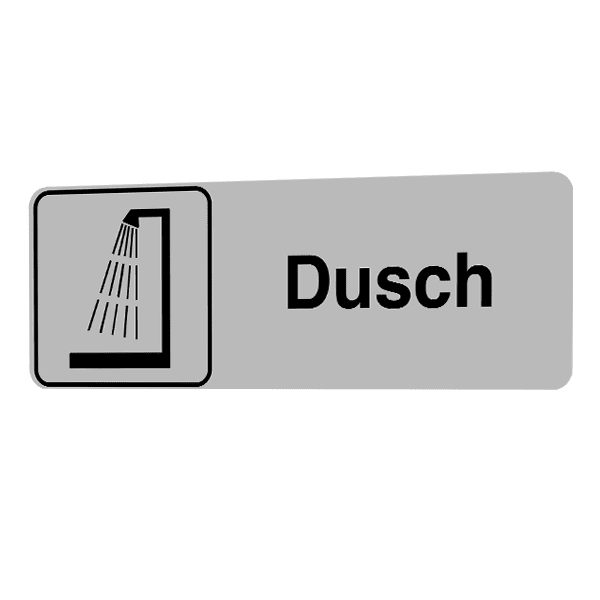 Dusch-skylten har storleken 225x80mm och tillverkas i materialet Natureloxerad aluminium 1mm. Denna standardskylt kan anpassas så att du kan skapa din egen version av skylten.