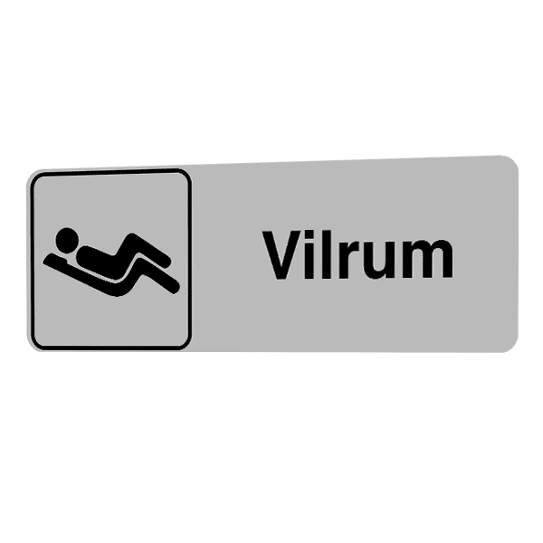 Vilrum-skylten har storleken 225x80mm och tillverkas i materialet Natureloxerad aluminium 1mm. Denna standardskylt kan anpassas så att du kan skapa din egen version av skylten.