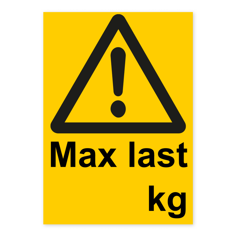Varning, max last (kg)-skylten har storleken 148x210mm och tillverkas i materialet Aluminium 0.7mm. Denna standardskylt kan anpassas så att du kan skapa din egen version av skylten.