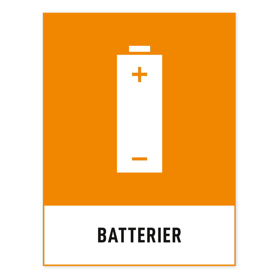 Batterier-skylten har storleken 210x276mm och tillverkas i materialet Dekal. Denna standardskylt kan anpassas så att du kan skapa din egen version av skylten.