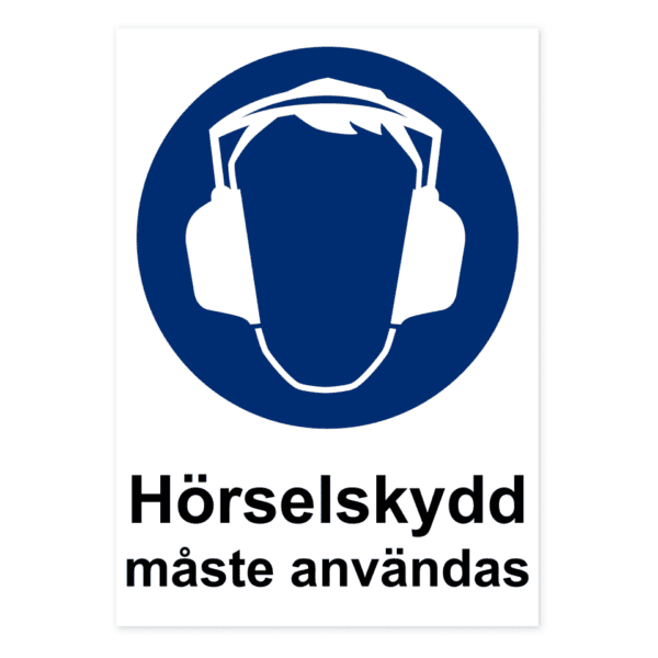 Hörselskydd måste användas-skylten har storleken 210x297mm och tillverkas i materialet Aluminium 0.7mm. Denna standardskylt kan anpassas så att du kan skapa din egen version av skylten.
