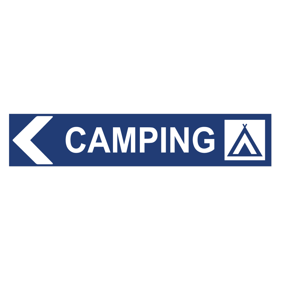 Camping pil vänster-skylten har storleken 750x150mm och tillverkas i materialet Aluminium 2mm Plan. Denna standardskylt kan anpassas så att du kan skapa din egen version av skylten.