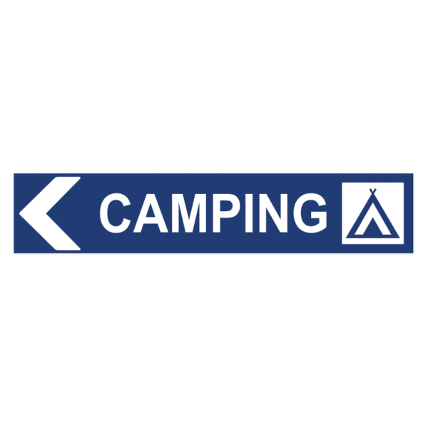 Camping pil vänster-skylten har storleken 750x150mm och tillverkas i materialet Aluminium 0.7mm. Denna standardskylt kan anpassas så att du kan skapa din egen version av skylten.