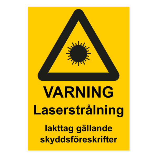 Varning för laserstrålning, iakttag gällande skyddsföreskrifter-skylten har storleken 210x297mm och tillverkas i materialet Dekal. Denna standardskylt kan anpassas så att du kan skapa din egen version av skylten.