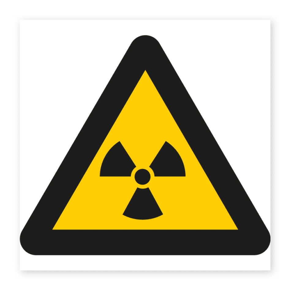 Varning för radioaktiva ämnen-skylten har storleken 120x120mm och tillverkas i materialet Dekal. Denna standardskylt kan anpassas så att du kan skapa din egen version av skylten.