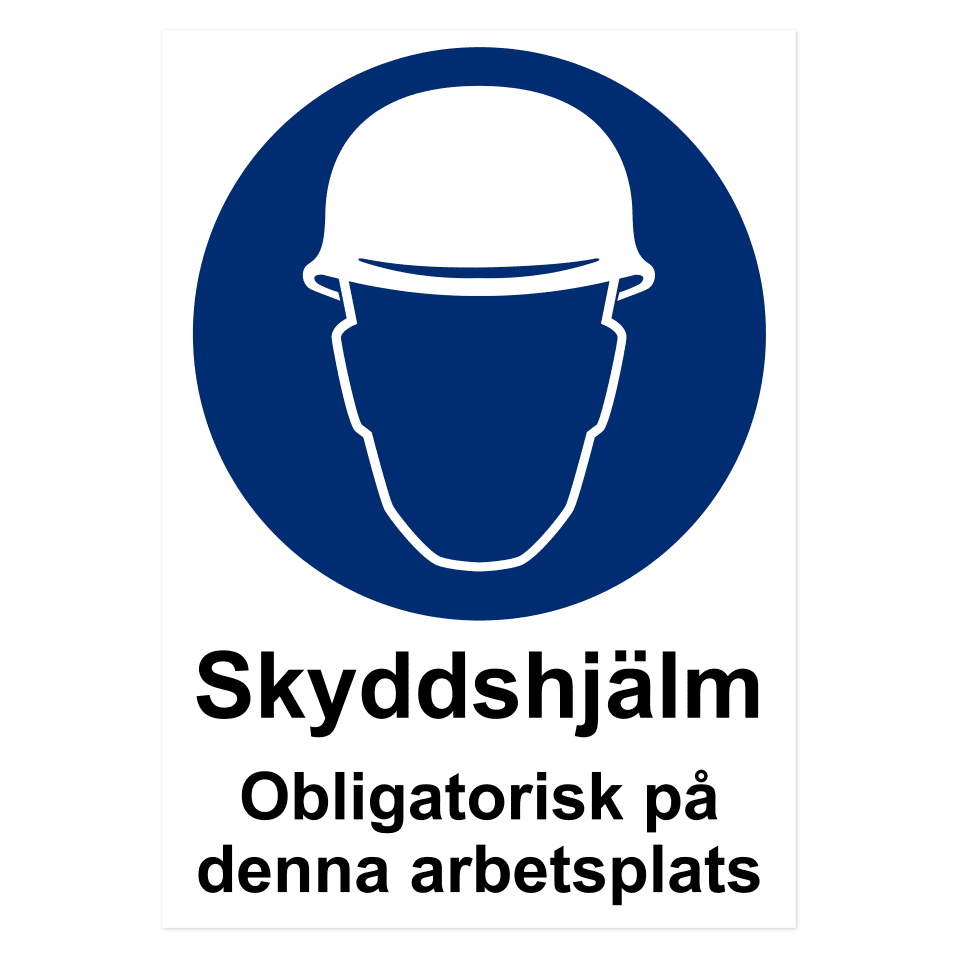 Skyddshjälm. Obligatorisk på denna arbetsplats.-skylten har storleken 594x841mm och tillverkas i materialet Aluminium 0.7mm. Denna standardskylt kan anpassas så att du kan skapa din egen version av skylten.