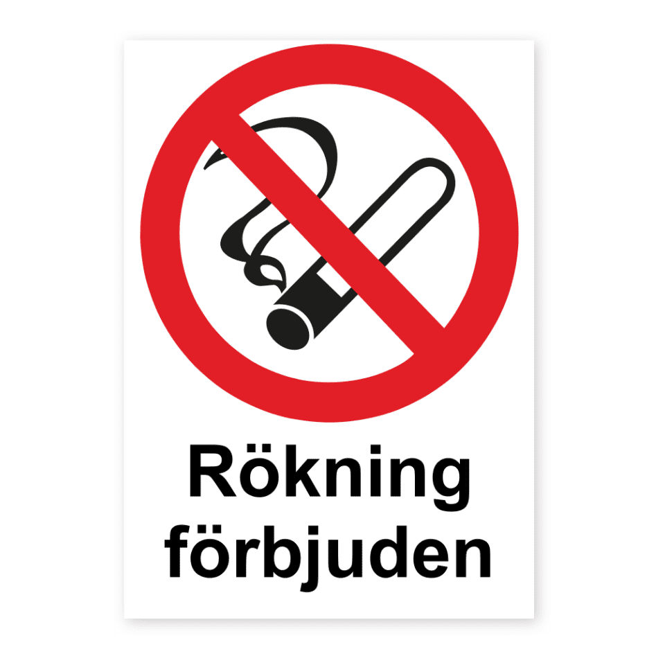 Rökning förbjuden-skylten har storleken 105x148mm och tillverkas i materialet Aluminium 0.7mm. Denna standardskylt kan anpassas så att du kan skapa din egen version av skylten.