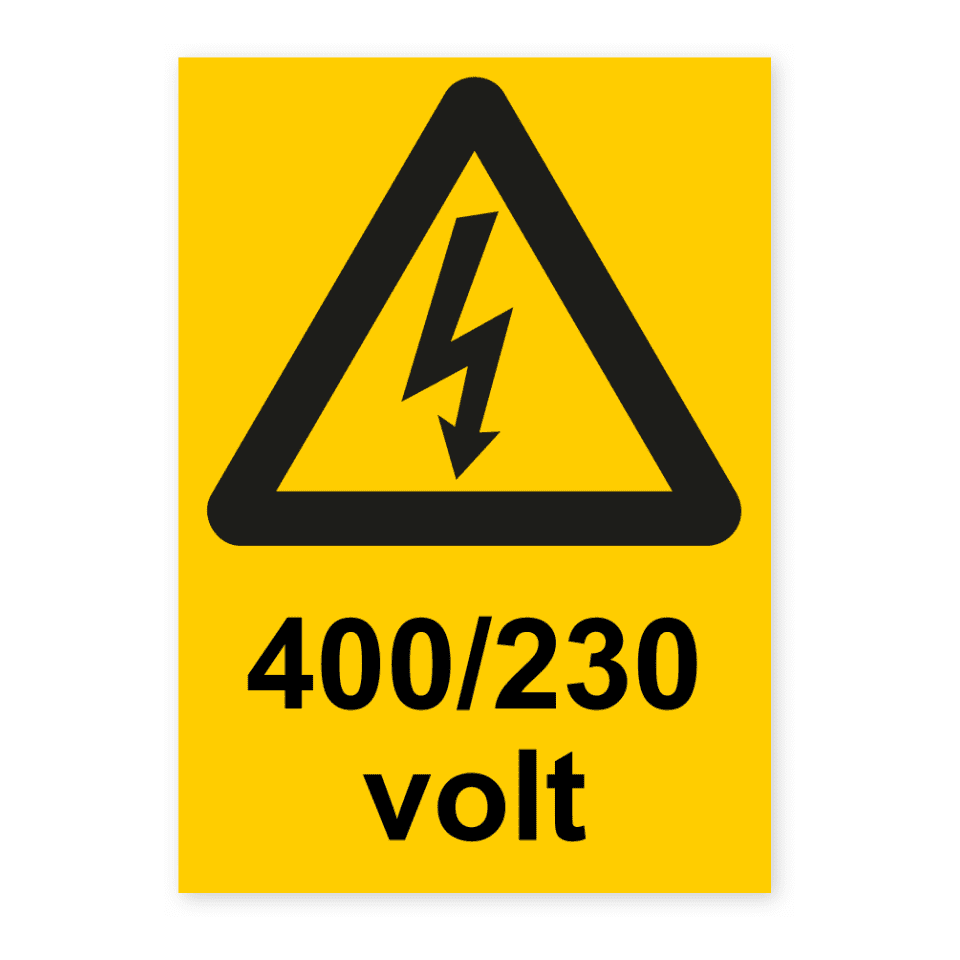 400/230 volt-skylten har storleken 105x148mm och tillverkas i materialet Dekal. Denna standardskylt kan anpassas så att du kan skapa din egen version av skylten.