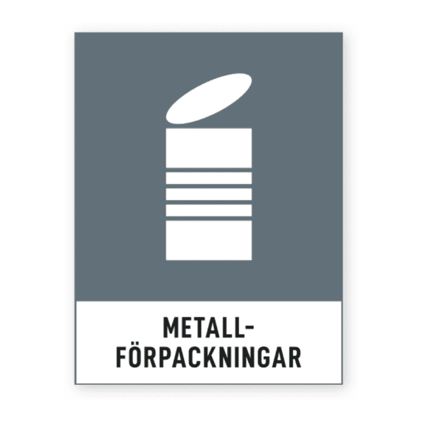 Metallförpackningar-skylten har storleken 74x97mm och tillverkas i materialet Dekal. Denna standardskylt kan anpassas så att du kan skapa din egen version av skylten.