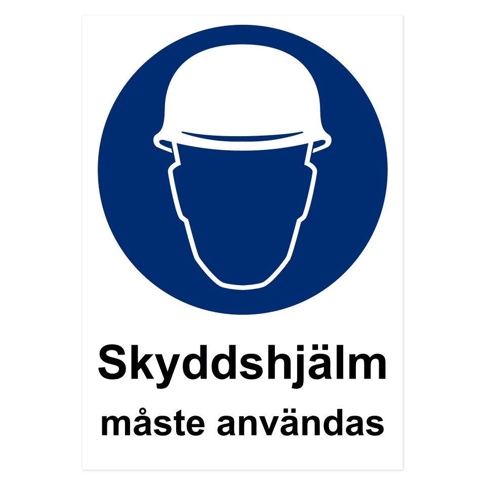 Skyddshjälm måste användas-skylten har storleken 594x841mm och tillverkas i materialet Aluminium 0.7mm. Denna standardskylt kan anpassas så att du kan skapa din egen version av skylten.