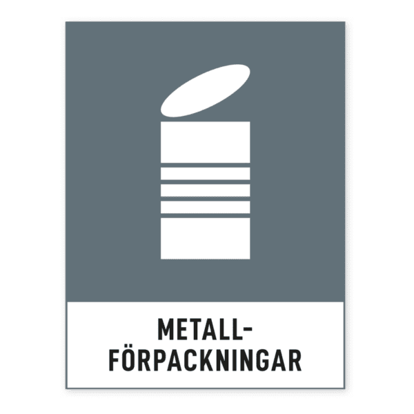 Metallförpackningar-skylten har storleken 148x194mm och tillverkas i materialet Dekal. Denna standardskylt kan anpassas så att du kan skapa din egen version av skylten.