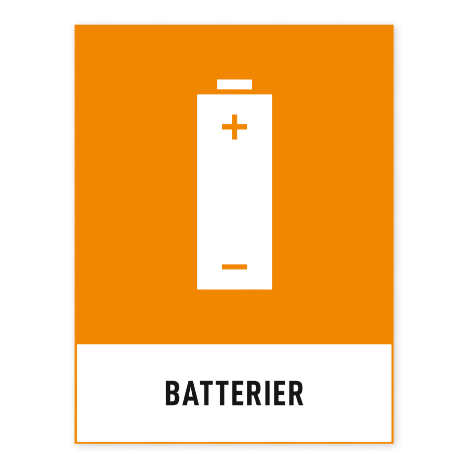 Batterier-skylten har storleken 148x194mm och tillverkas i materialet Dekal. Denna standardskylt kan anpassas så att du kan skapa din egen version av skylten.