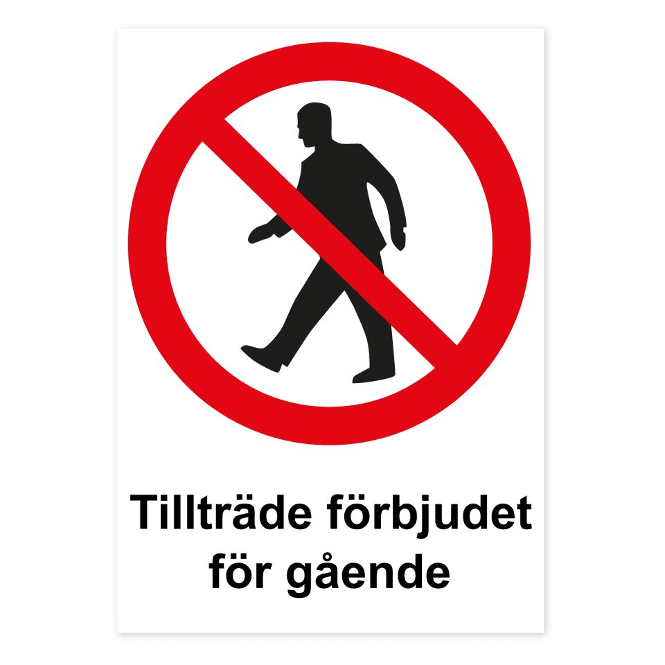 Tillträde förbjudet för gående-skylten har storleken 210x297mm och tillverkas i materialet Aluminium 2mm 4-kantsvikt. Denna standardskylt kan anpassas så att du kan skapa din egen version av skylten.
