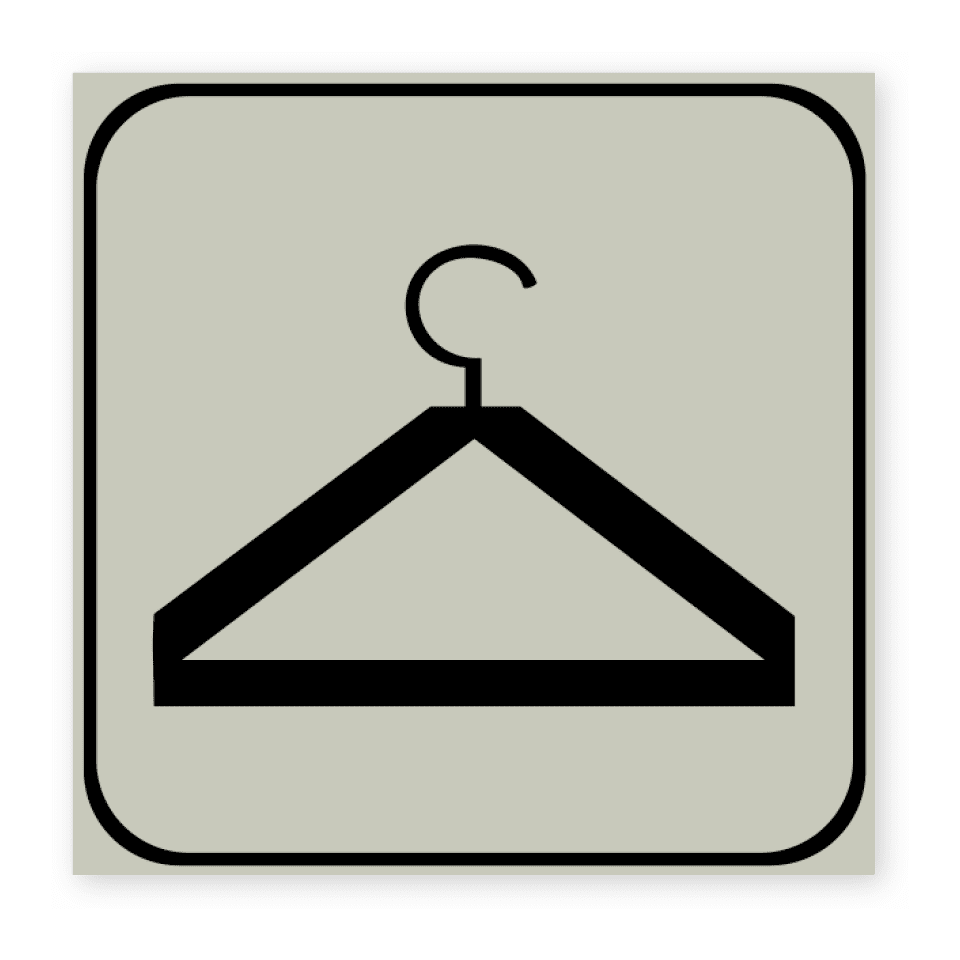Omklädning/garderob-skylten har storleken 100x100mm och tillverkas i materialet Natureloxerad aluminium 1mm. Denna standardskylt kan anpassas så att du kan skapa din egen version av skylten.