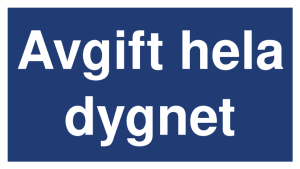Avgift hela dygnet-skylten har storleken 400x225mm och tillverkas i materialet aluminium 2mm 4 kantsvikt. Denna standardskylt kan anpassas så att du kan skapa din egen version av skylten.