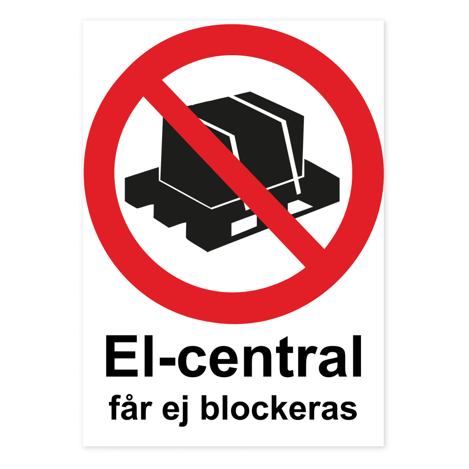 El-central får ej blockeras-skylten har storleken 210x297mm och tillverkas i materialet Dekal. Denna standardskylt kan anpassas så att du kan skapa din egen version av skylten.