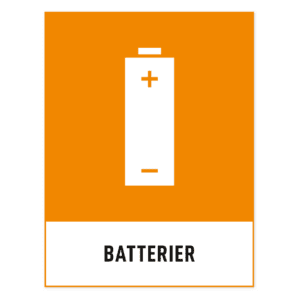 Batterier-skylten har storleken 297x390mm och tillverkas i materialet Dekal. Denna standardskylt kan anpassas så att du kan skapa din egen version av skylten.