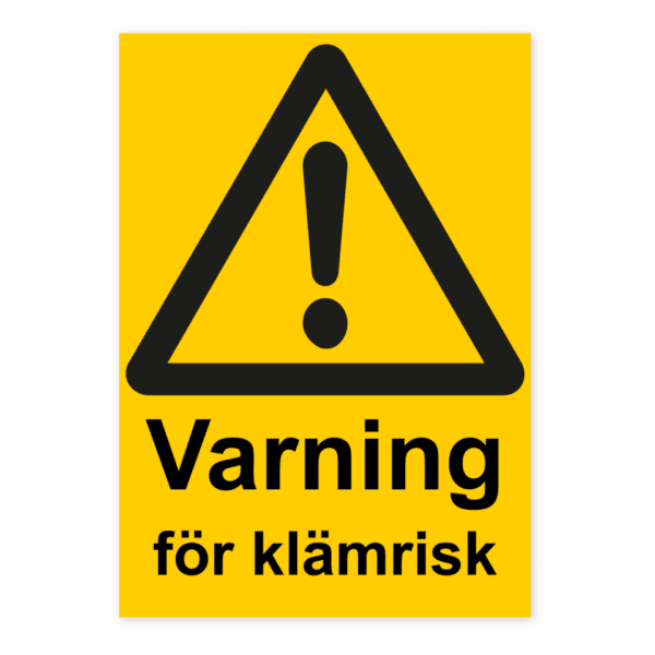 Varning för klämrisk-skylten har storleken 148x210mm och tillverkas i materialet Aluminium 0.7mm. Denna standardskylt kan anpassas så att du kan skapa din egen version av skylten.