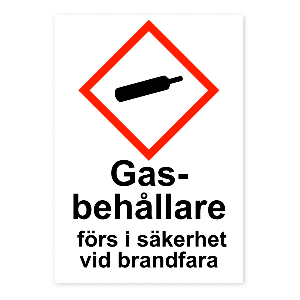 Gasbehållare förs i säkerhet vid brandfara-skylten har storleken 148x210mm och tillverkas i materialet Dekal. Denna standardskylt kan anpassas så att du kan skapa din egen version av skylten.