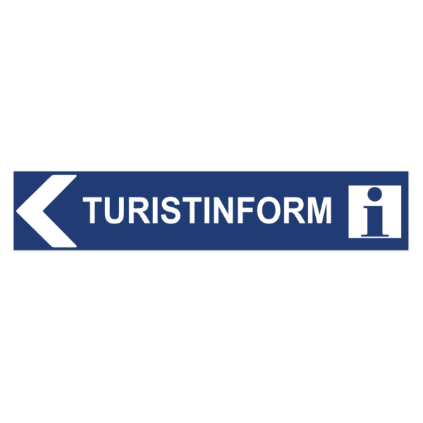 Turistinformation pil vänster-skylten har storleken 750x150mm och tillverkas i materialet Aluminium 2mm Plan. Denna standardskylt kan anpassas så att du kan skapa din egen version av skylten.