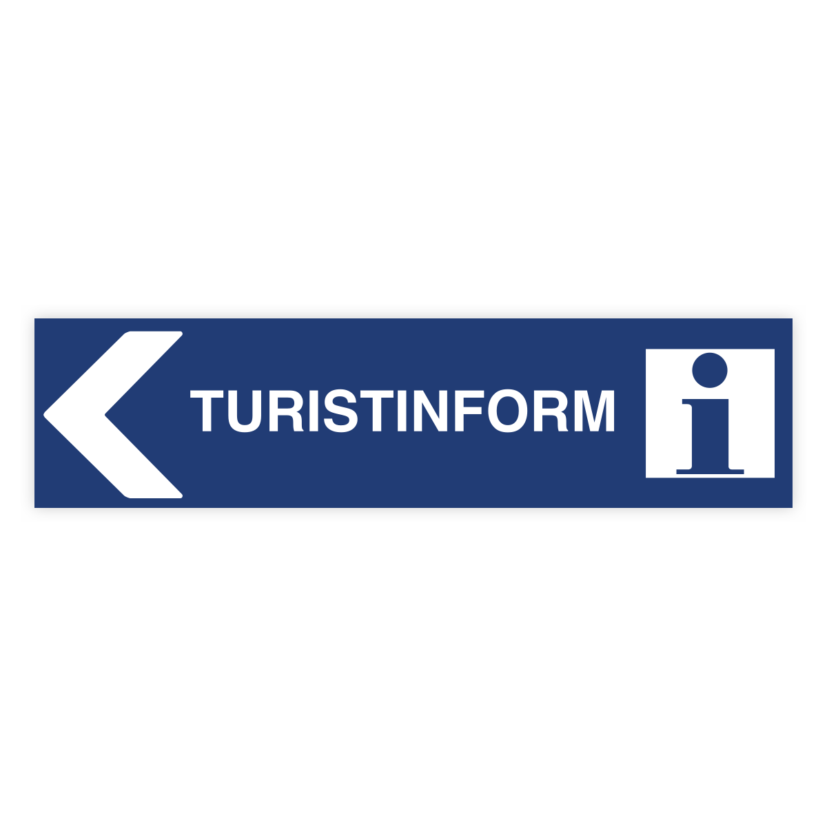 Turistinformation pil vänster-skylten har storleken 1000x250mm och tillverkas i materialet Aluminium 2mm kantvikt. Denna standardskylt kan anpassas så att du kan skapa din egen version av skylten.