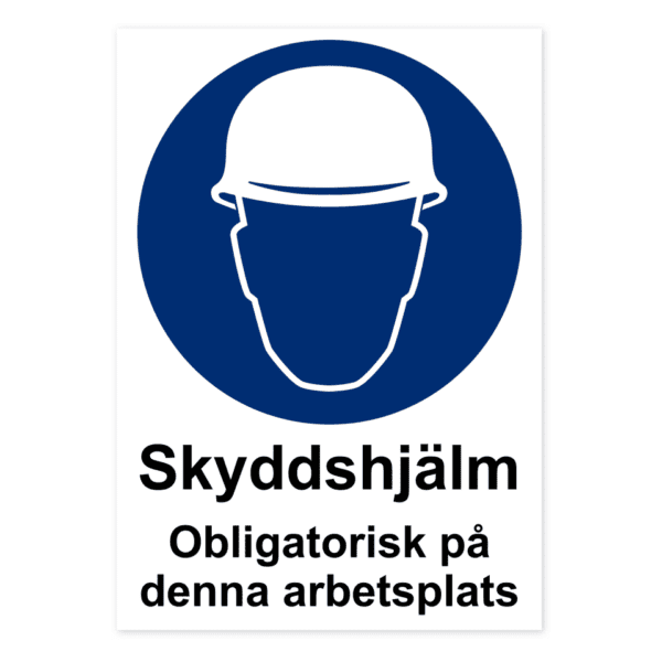 Skyddshjälm. Obligatorisk på denna arbetsplats.-skylten har storleken 210x297mm och tillverkas i materialet Dekal. Denna standardskylt kan anpassas så att du kan skapa din egen version av skylten.