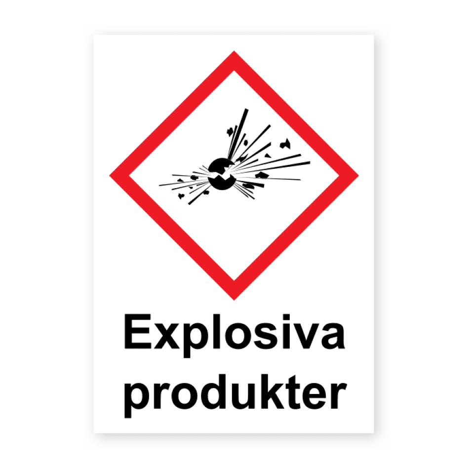 Explosiva produkter-skylten har storleken 74x105mm och tillverkas i materialet Dekal. Denna standardskylt kan anpassas så att du kan skapa din egen version av skylten.