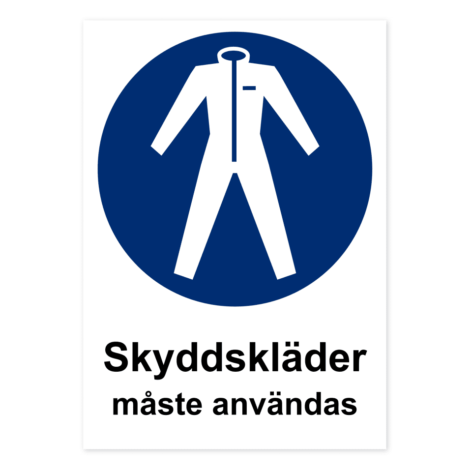 Skyddskläder måste användas-skylten har storleken 210x297mm och tillverkas i materialet Aluminium 0.7mm. Denna standardskylt kan anpassas så att du kan skapa din egen version av skylten.