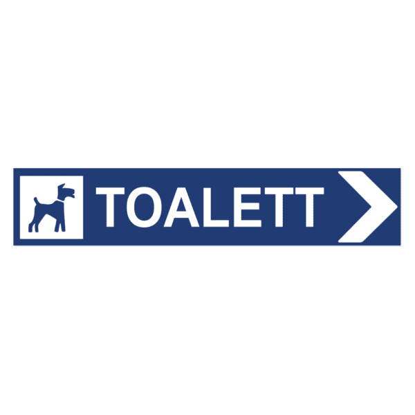 Hund toalett pil höger-skylten har storleken 750x150mm och tillverkas i materialet Aluminium 0.7mm. Denna standardskylt kan anpassas så att du kan skapa din egen version av skylten.