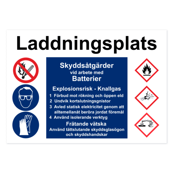 Laddningsplats, skyddsåtgärder vid arbete med batterier-skylten har storleken 420x297mm och tillverkas i materialet Aluminium 0.7mm. Denna standardskylt kan anpassas så att du kan skapa din egen version av skylten.