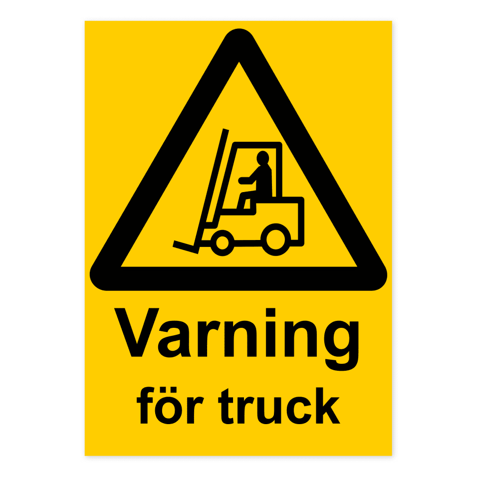 Varning för truck-skylten har storleken 210x297mm och tillverkas i materialet Dekal. Denna standardskylt kan anpassas så att du kan skapa din egen version av skylten.