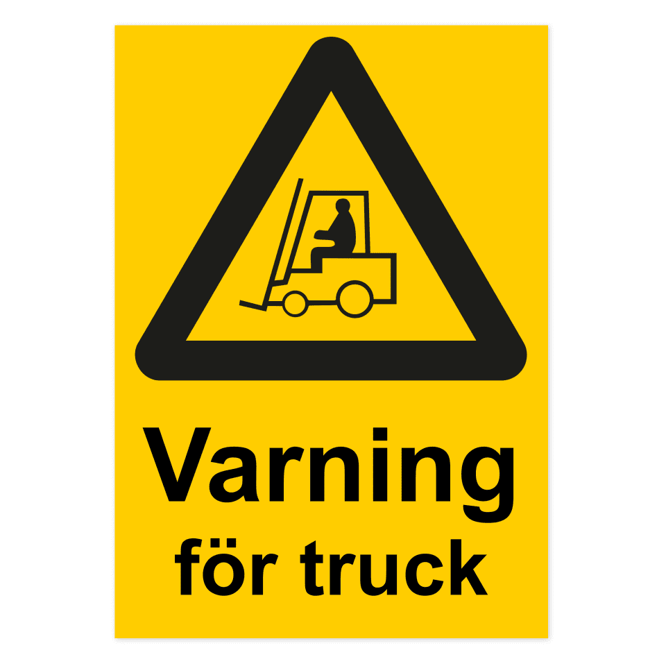 Varning för truck-skylten har storleken 297x420mm och tillverkas i materialet Aluminium 2mm 4-kantsvikt. Denna standardskylt kan anpassas så att du kan skapa din egen version av skylten.