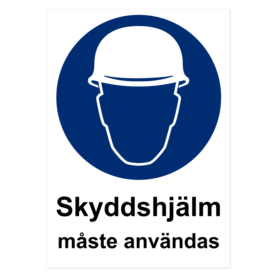 Skyddshjälm måste användas-skylten har storleken 420x594mm och tillverkas i materialet Aluminium 0.7mm. Denna standardskylt kan anpassas så att du kan skapa din egen version av skylten.