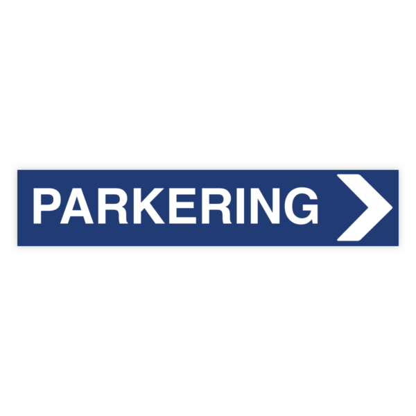Parkering Pil höger-skylten har storleken 750x150mm och tillverkas i materialet Aluminium 0,7mm. Denna standardskylt kan anpassas så att du kan skapa din egen version av skylten.