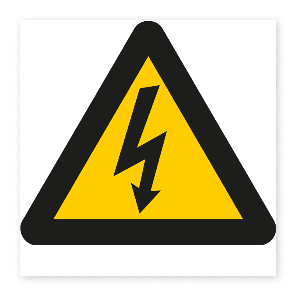 Varning för farlig elektrisk spänning-skylten har storleken 120x120mm och tillverkas i materialet Dekal. Denna standardskylt kan anpassas så att du kan skapa din egen version av skylten.